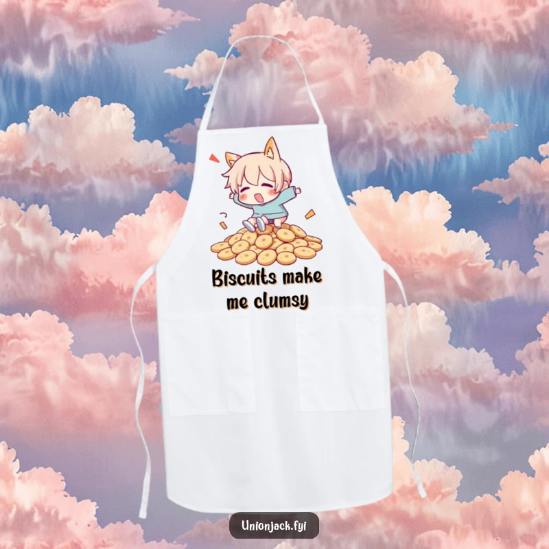 Funny apron showing a character comically tripping over a pile of biscuits while cooking, adding humor to the kitchen.