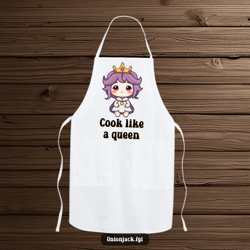 Funny apron with a character wearing a tiny crown and exuding a regal air, ideal for royal kitchen endeavors.