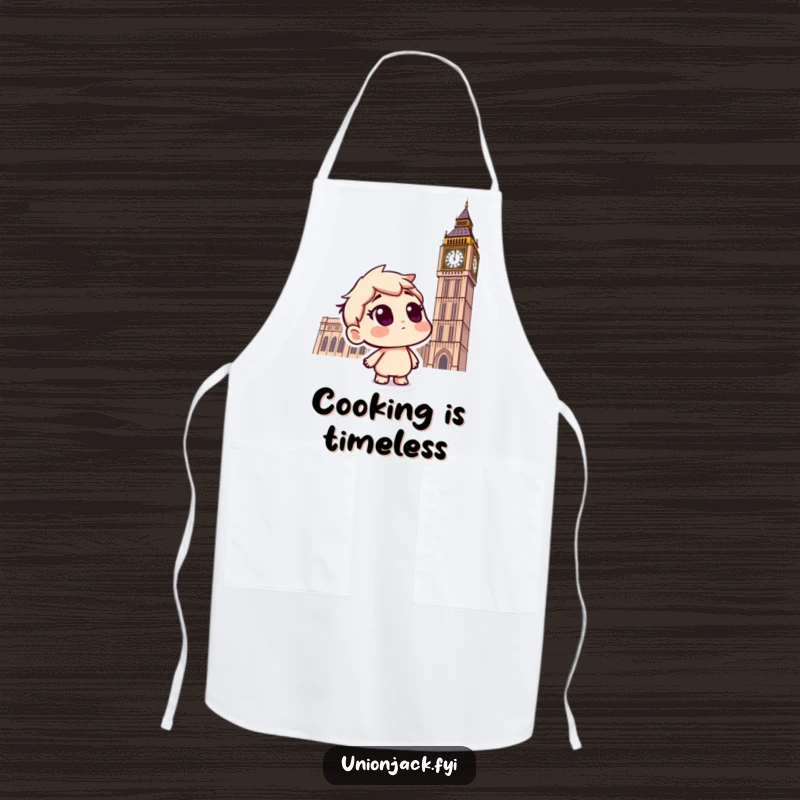Funny apron showing a curious character looking up at Big Ben, adding a humorous London touch to cooking.
