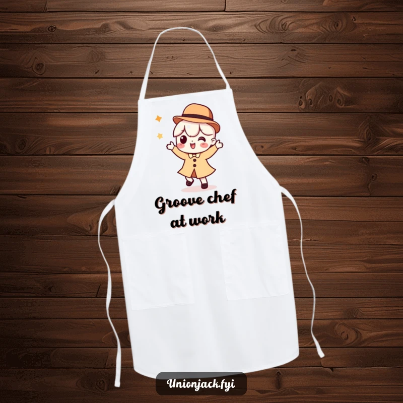 Funny apron featuring a character doing a silly dance while wearing a bowler hat, perfect for adding humor to kitchen tasks.