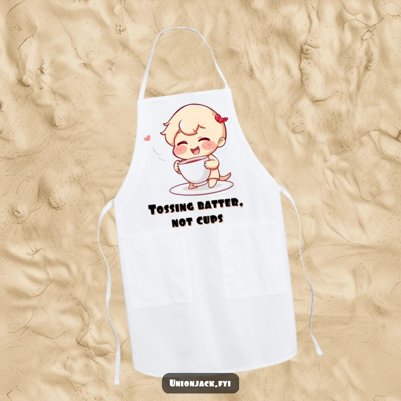 Funny apron showing a giggling character with rosy cheeks, playfully throwing a teacup, perfect for kitchen fun and a cheeky attitude.