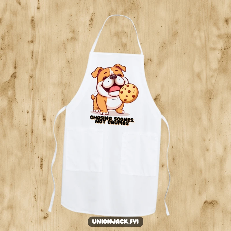 Funny bulldog apron showing a cheerful character comically playing fetch with a bouncing scone, for humorous cooking.