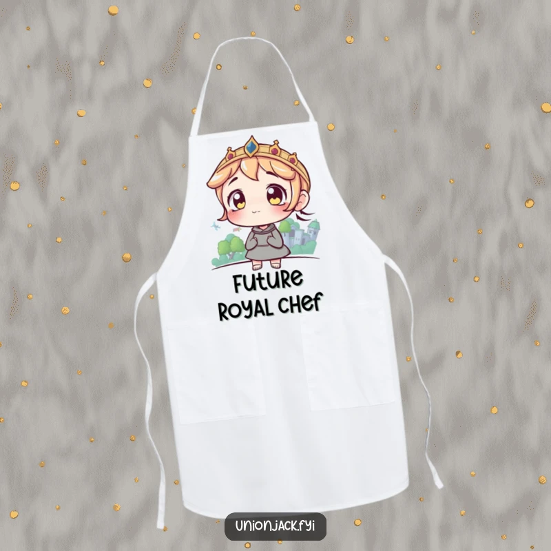 Funny apron featuring a character with wide eyes looking at a distant castle, adding inspiration to cooking.
