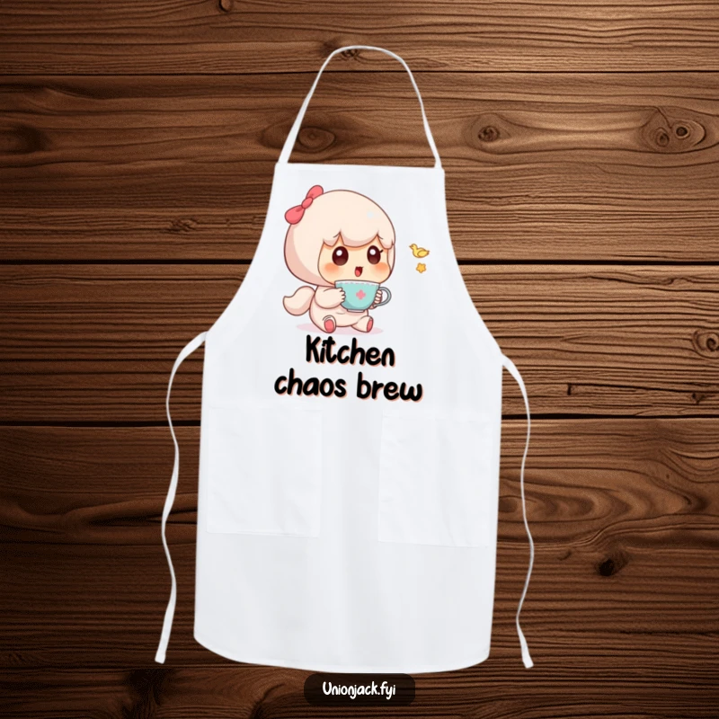 Funny apron showing a cute character surprised by a tiny, flying teacup, bringing humor to cooking.