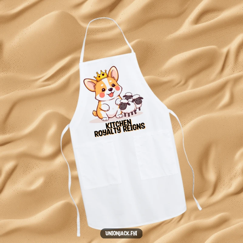 Funny apron featuring a playful corgi in a tiny crown, comically herding sheep, for kitchen humor.