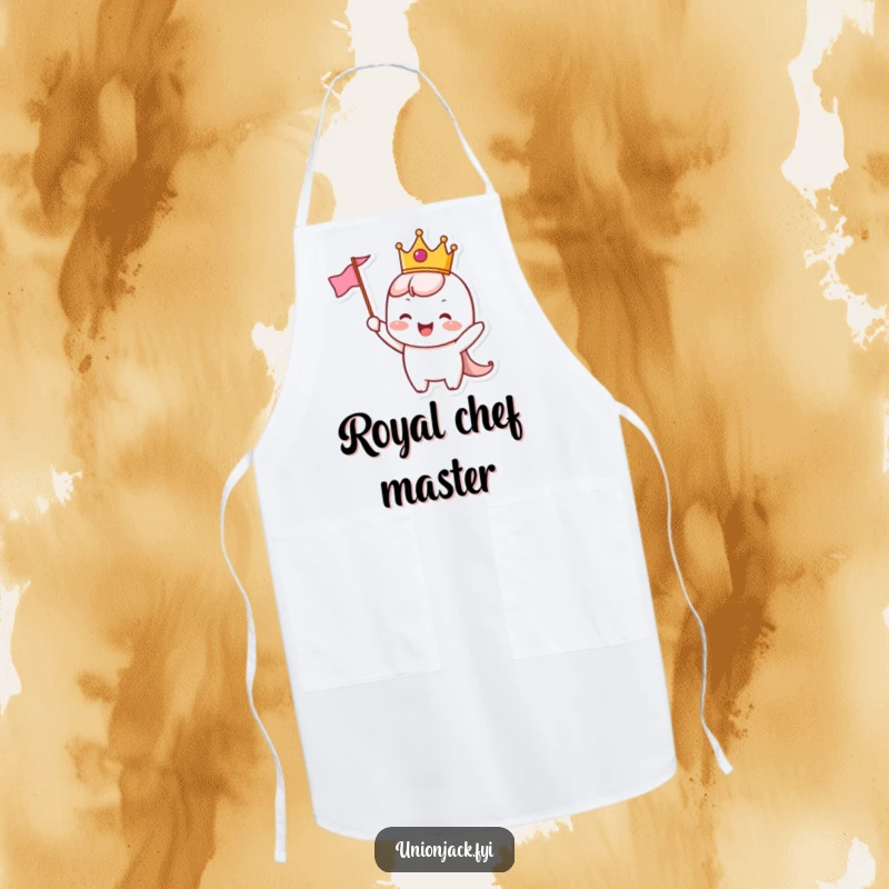 Funny Apron: Cheerful character with a tiny crown joyfully waves a small flag, ready for festive cooking.