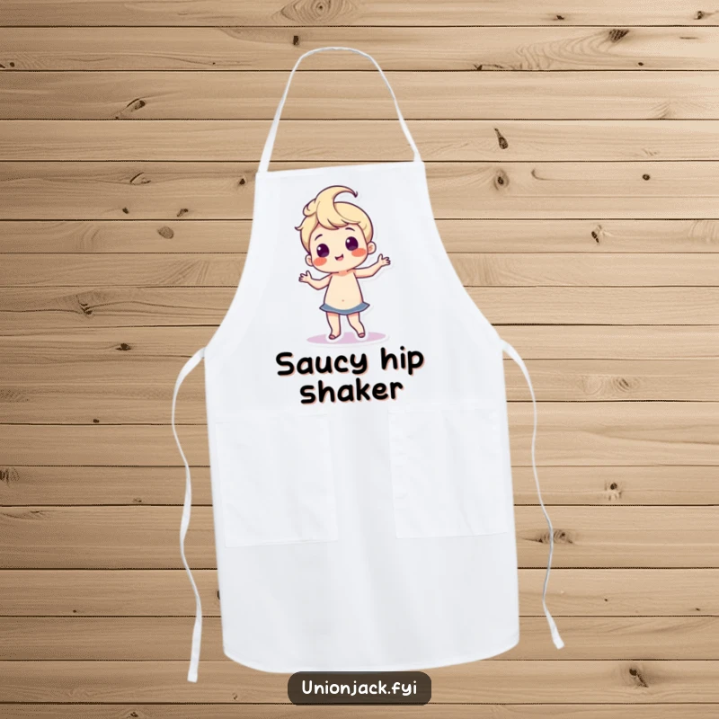 Funny apron showing a character doing a silly, proud dance with wiggling hips, bringing joyful rhythm and humor to cooking.
