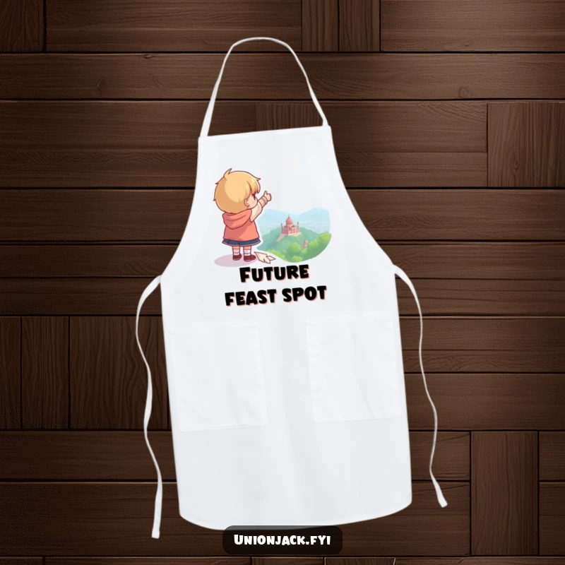 Funny apron with a character pointing towards a destination, ideal for kitchen use and adventurous cooking.