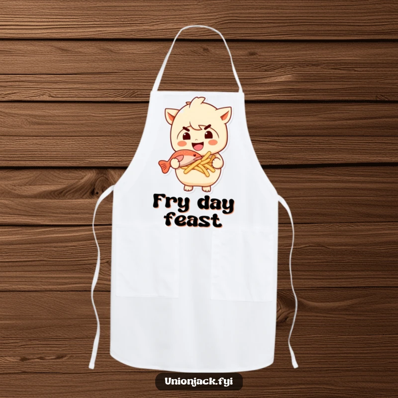 Funny apron showcasing a character with a mischievous grin holding fish and chips. A humorous and practical kitchen essential.