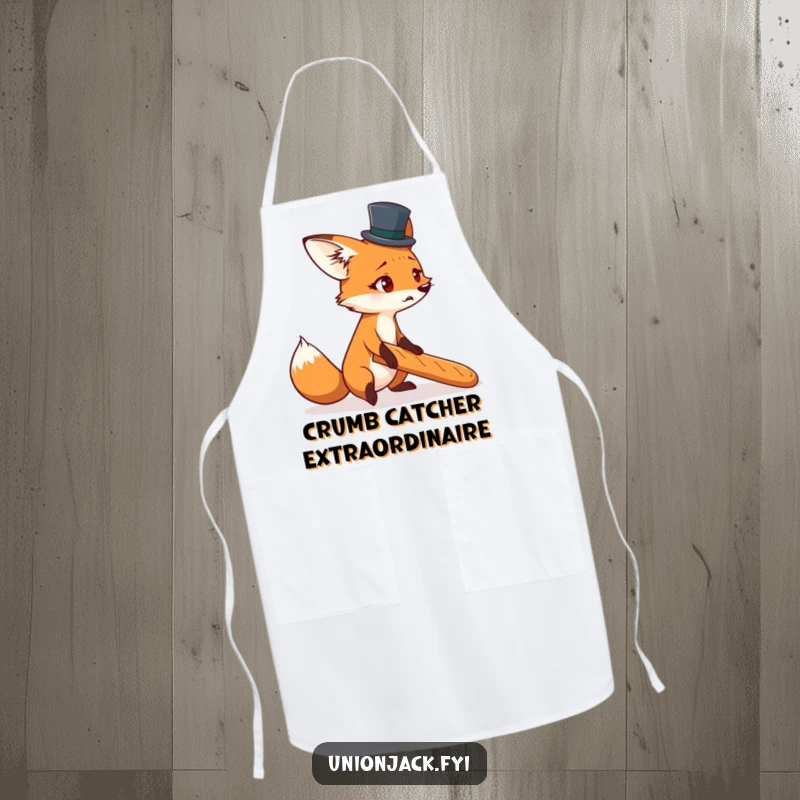 Funny apron featuring a startled fox in a top hat, comically tripping over a baguette, for kitchen humor.