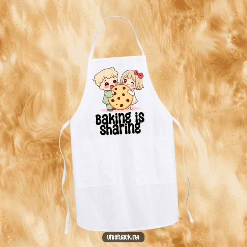 Funny apron displays characters sharing a giant cookie, humorously relating to the joy of sharing food and friendship.