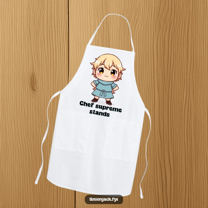 Funny Apron: Character standing proudly with hands on hips, ready for kitchen tasks with confidence.