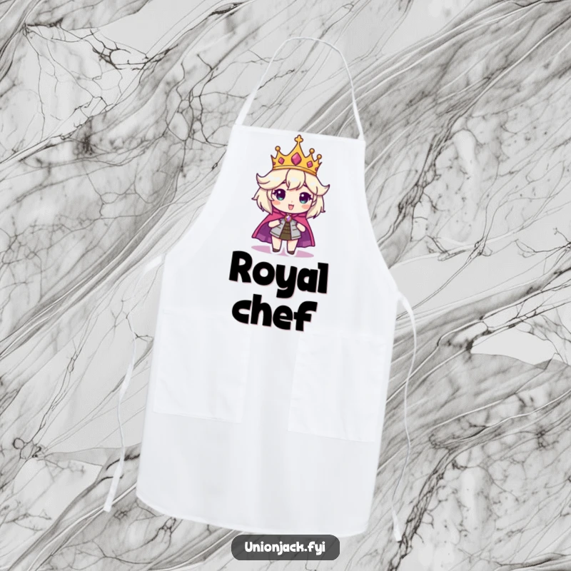 Funny apron illustrating a character looking regal in a crown and cape, ideal for kitchen protection and humor.