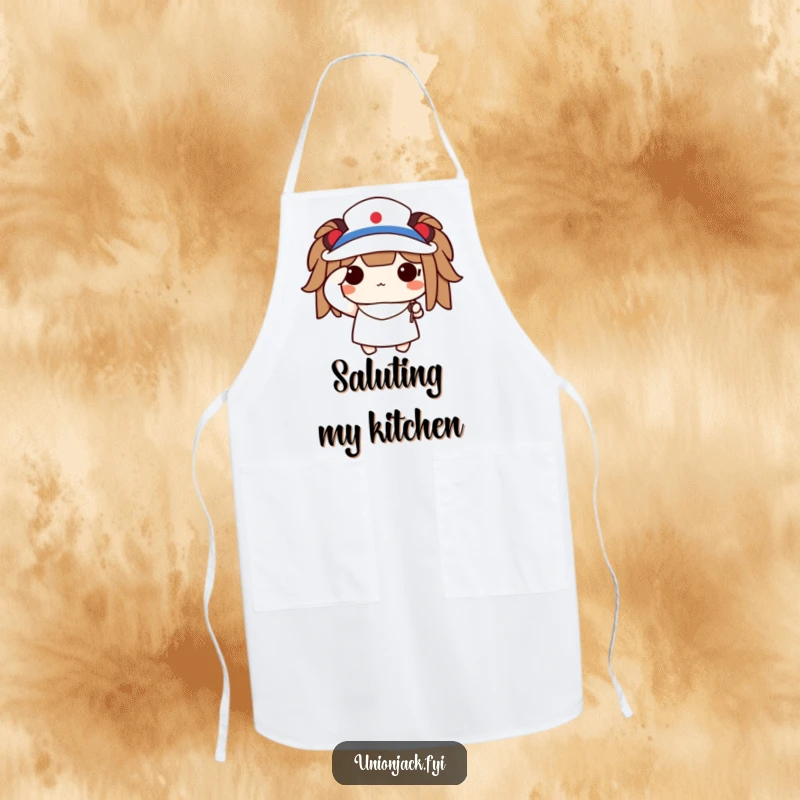 Funny apron with a cute character saluting proudly while holding a tiny flag, perfect for patriotic kitchen activities.