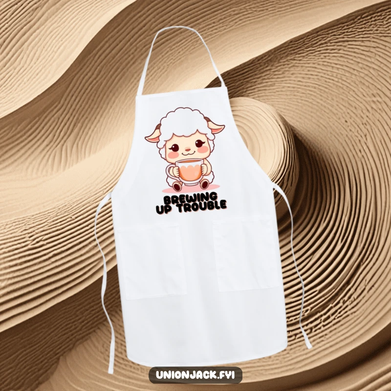 Funny apron designed with a sheepish character sporting a shy grin while offering a cup of tea, ideal for adding humor to cooking tasks.