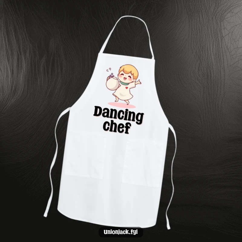 Funny apron featuring a small cartoon character joyfully doing a jig with a teapot, perfect for kitchen humor.