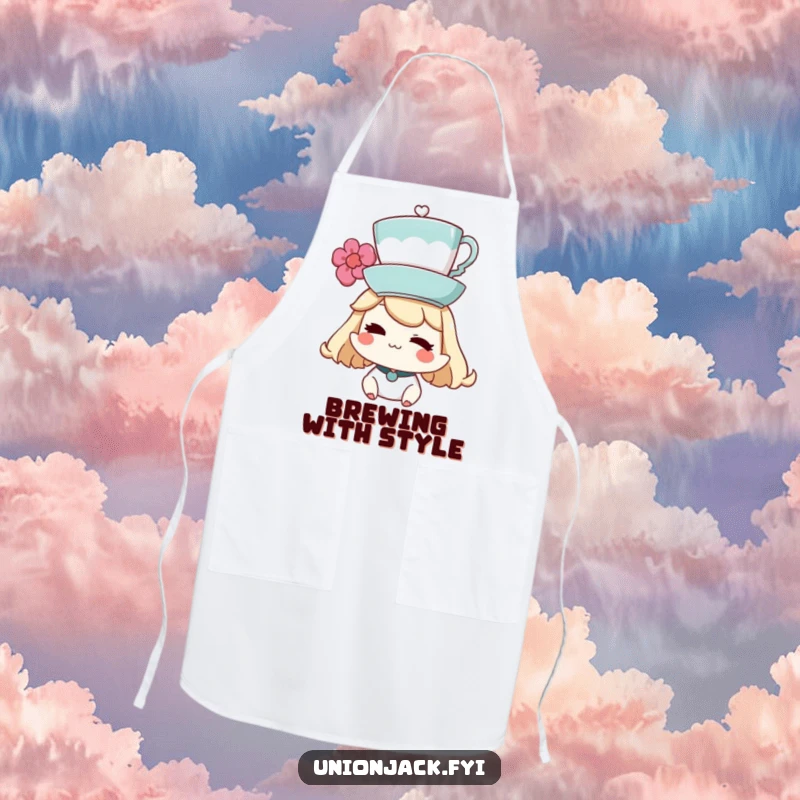 Funny Apron: Character balancing a teacup on their head and winking, ready for kitchen tasks with playful skill.