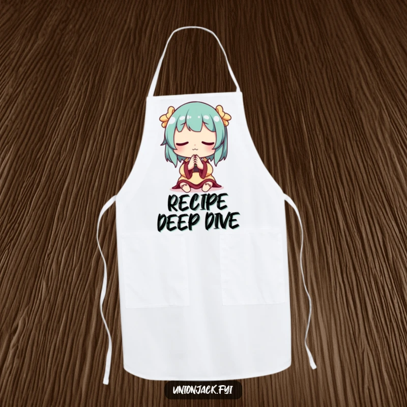 Funny apron featuring a character in a thoughtful, hands-clasped pose, suitable for kitchen tasks.