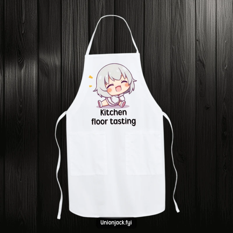 Funny apron depicting a character comically tripping but with a cheerful grin, great for kitchen safety.