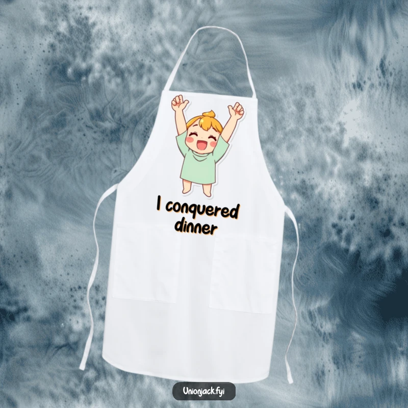 Funny Apron: Character cheering with arms raised in triumph, ready for kitchen tasks with a winning attitude.