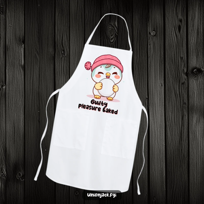 Funny apron with a delighted character winking and holding a scone, perfect for bakers who love a bit of fun.