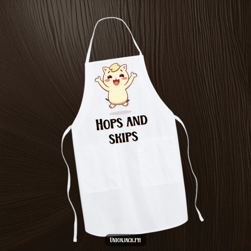 Funny apron depicting a character performing a silly hop, ideal for kitchen use and adding humor to cooking.
