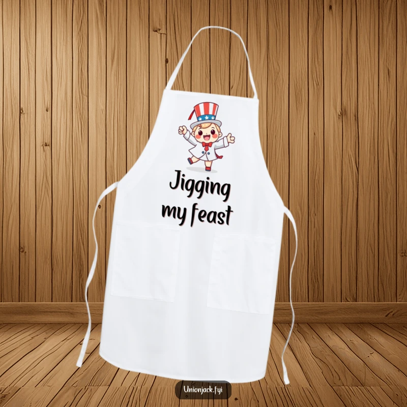 Funny apron with a happy character doing a patriotic jig, perfect for festive cooking celebrations.