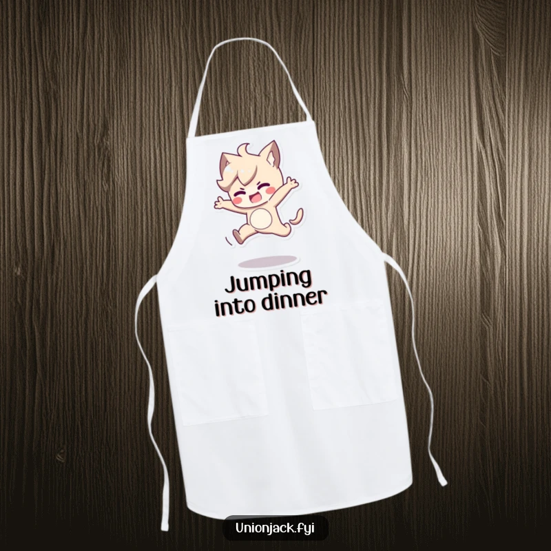 Funny apron showcasing a character in a determined, playful jump. A humorous and practical kitchen essential.