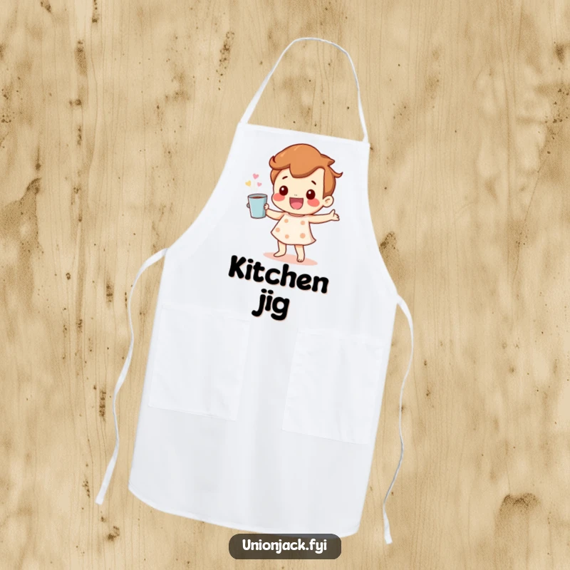 Funny Apron: A happy character dancing with a cup, bringing fun and cheer to cooking attire, perfect for a joyful kitchen.