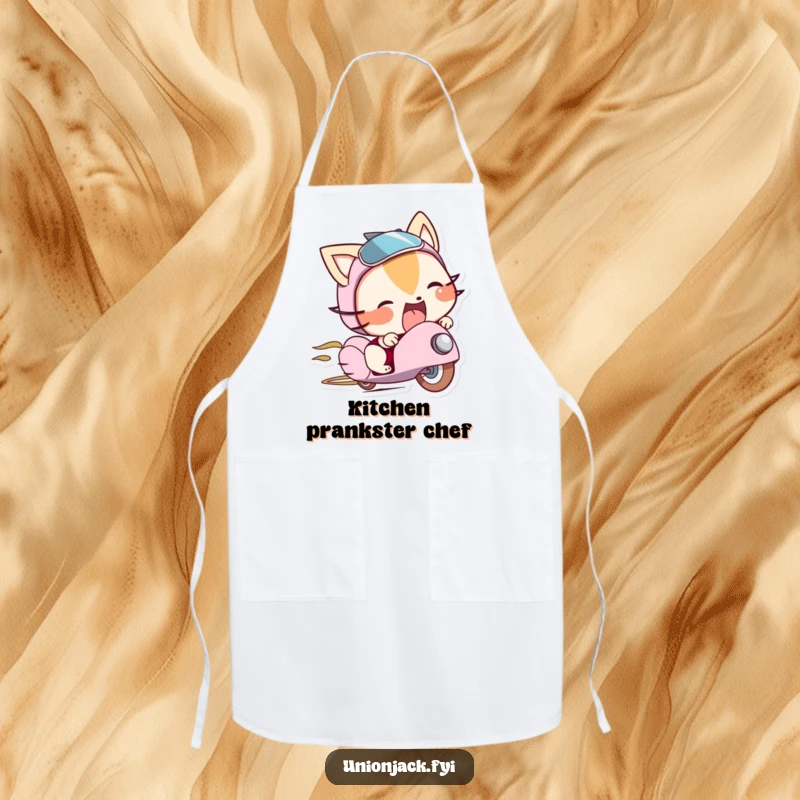 Funny apron featuring a character sticking its tongue out playfully from beneath a bowler hat, adding humor to cooking.