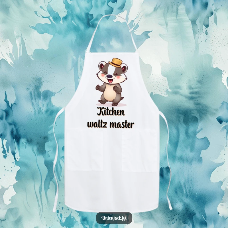 Funny badger apron depicts a delighted badger in a bowler hat, attempting to waltz, a witty kitchen accessory for chefs.