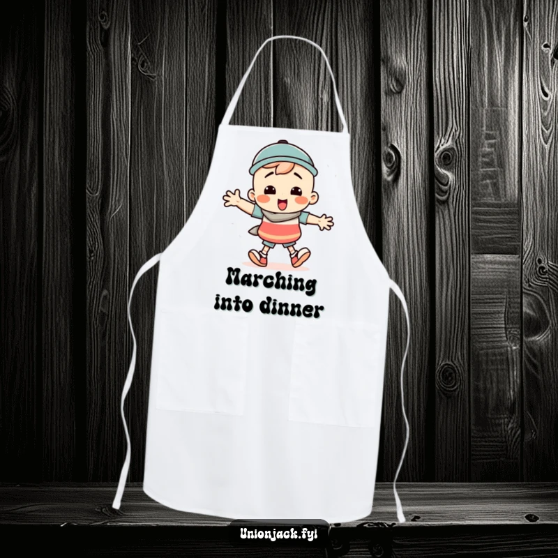 Funny apron with a character performing a silly march with comically exaggerated steps, adding humor to kitchen tasks.