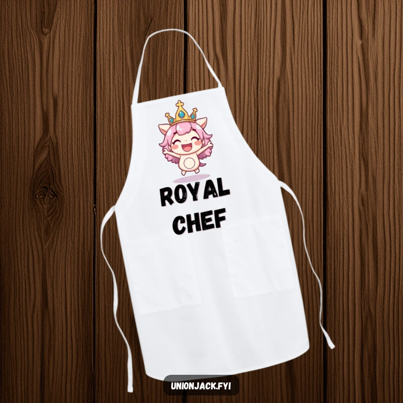 Funny apron with a character excitedly bouncing with a regal crown askew, adding playful royalty and a touch of humor to cooking.
