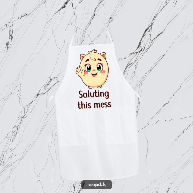 Funny apron showing a happy character with wide eyes and a playful grin, saluting cheerfully, perfect for kitchen fun and protection.