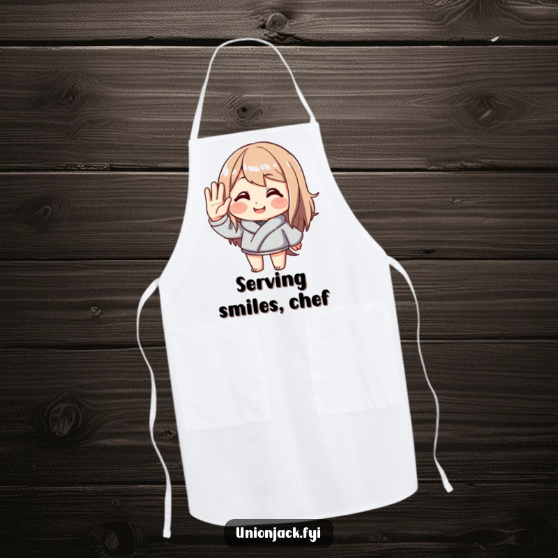 Funny kitchen apron with a character performing an exaggerated, polite salute and a welcoming smile. Ideal for adding humor and charm to culinary endeavors.
