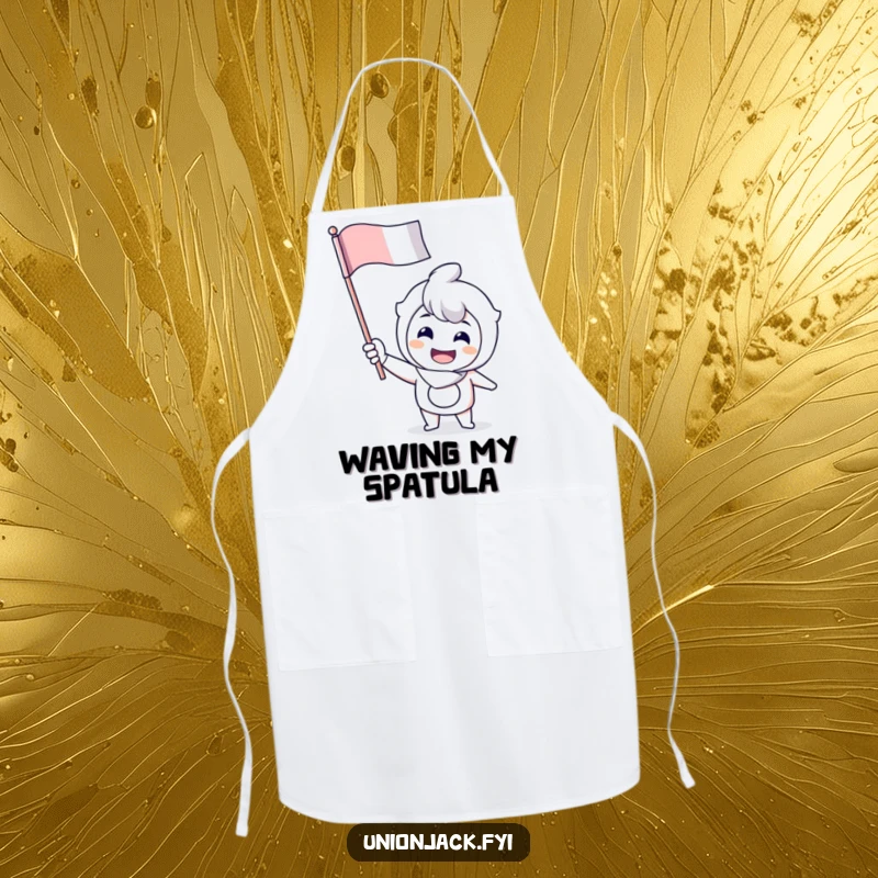 Funny apron with a cheerful character enthusiastically waving a flag, perfect for spirited cooking and baking.