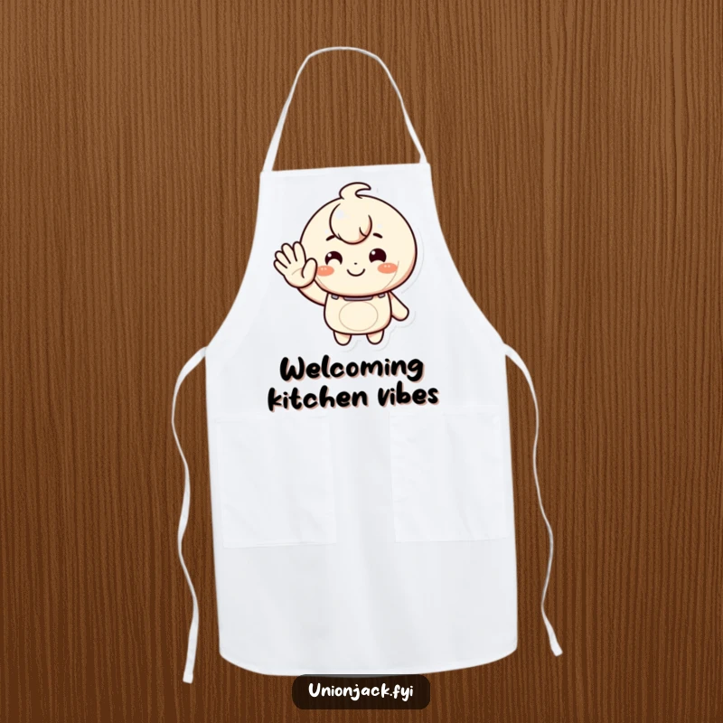 Funny apron showing a character giving a warm, inviting wave with a smile, bringing cheerful hospitality and humor to cooking.