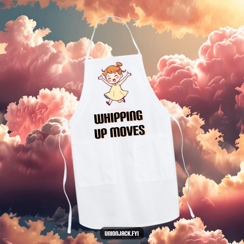 Funny kitchen apron featuring a character doing a jaunty, energetic dance stride, ready to cook with a smile. Ideal for adding humor to meal preparation.