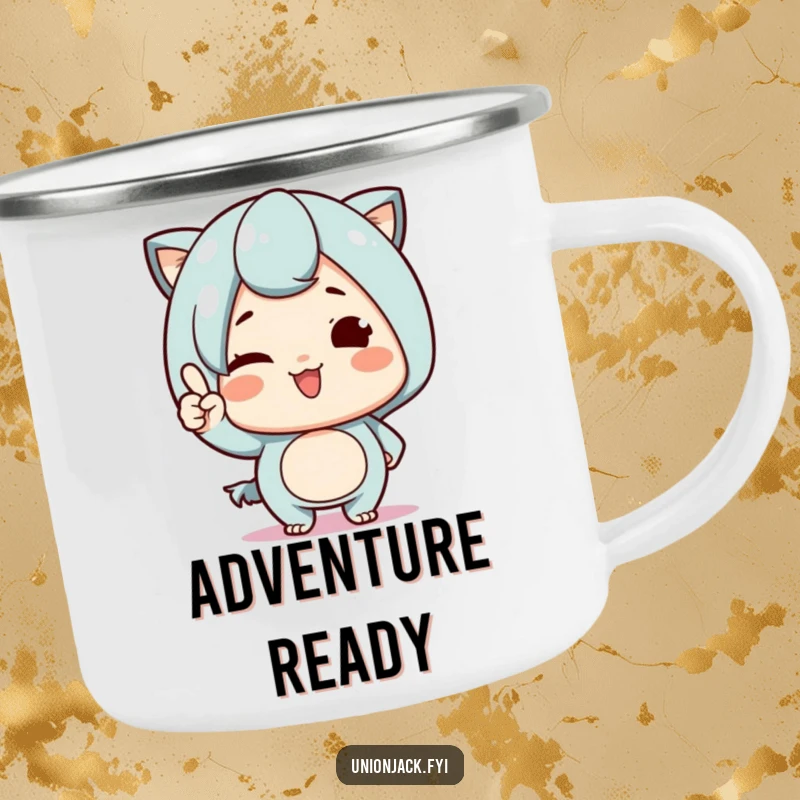 Funny Camping Mug: Cute character winking and nodding proudly, perfect for outdoor adventures and hot beverages with a humorous touch.