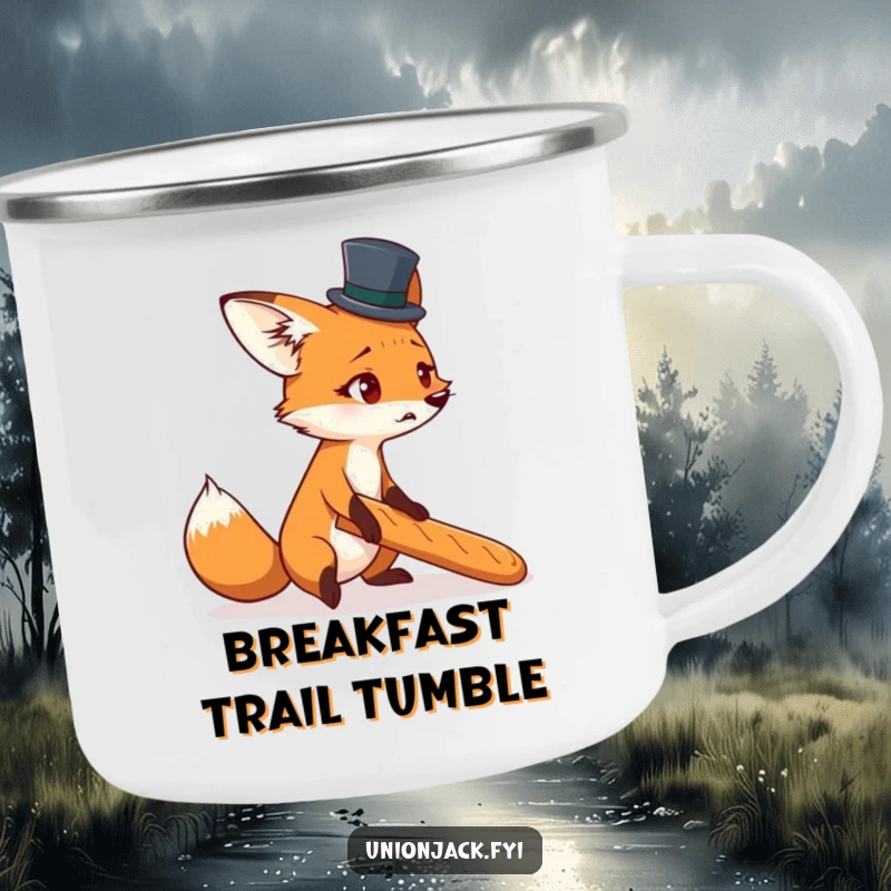 Funny camping mug showing a startled fox in a top hat, comically tripping over a baguette, for outdoor laughs.