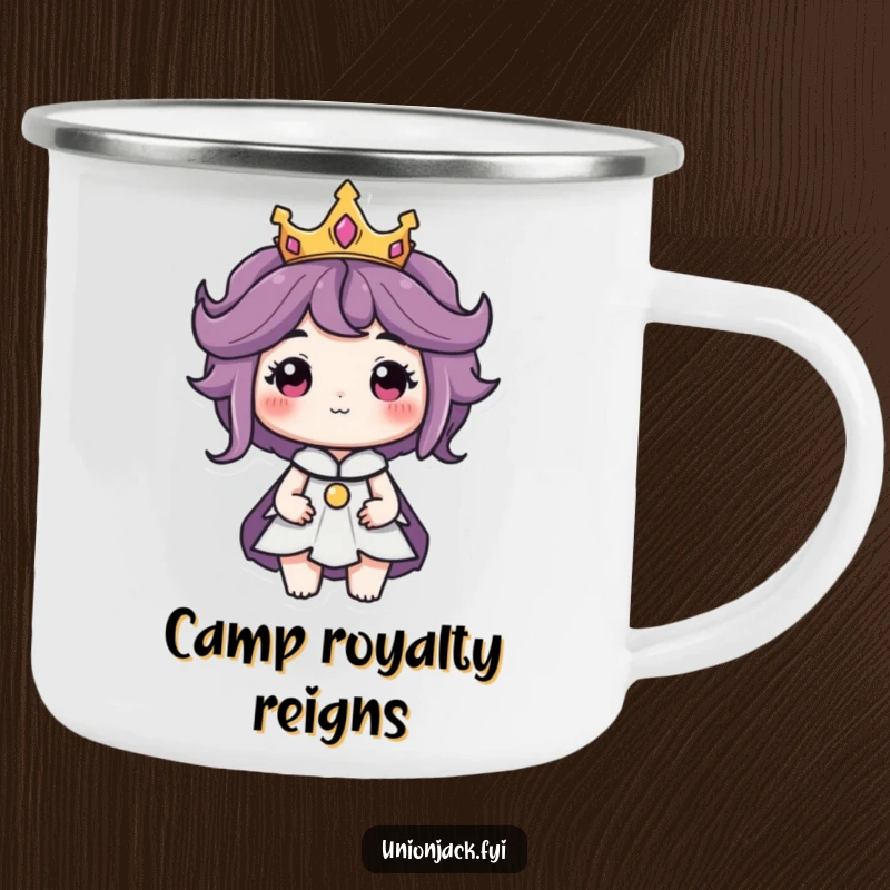 Funny camping mug with a character wearing a tiny crown and exuding a regal air, perfect for majestic outdoor sipping.