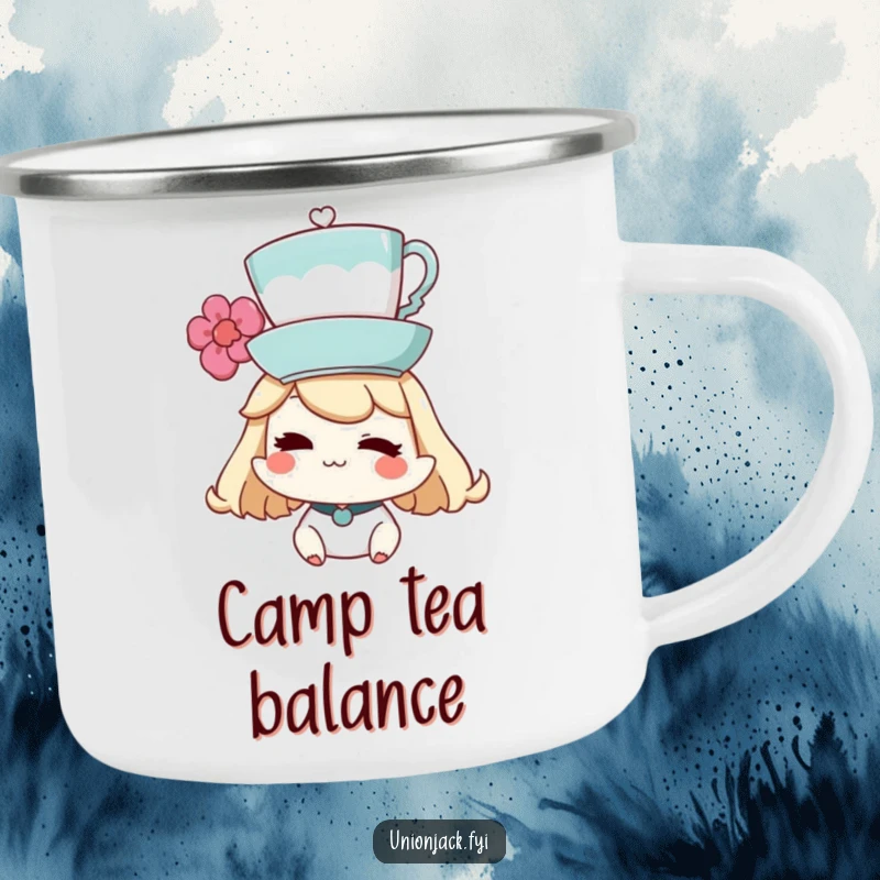 Funny Camping Mug: Character balancing a teacup on their head and winking, ready for outdoor enjoyment with whimsical flair.