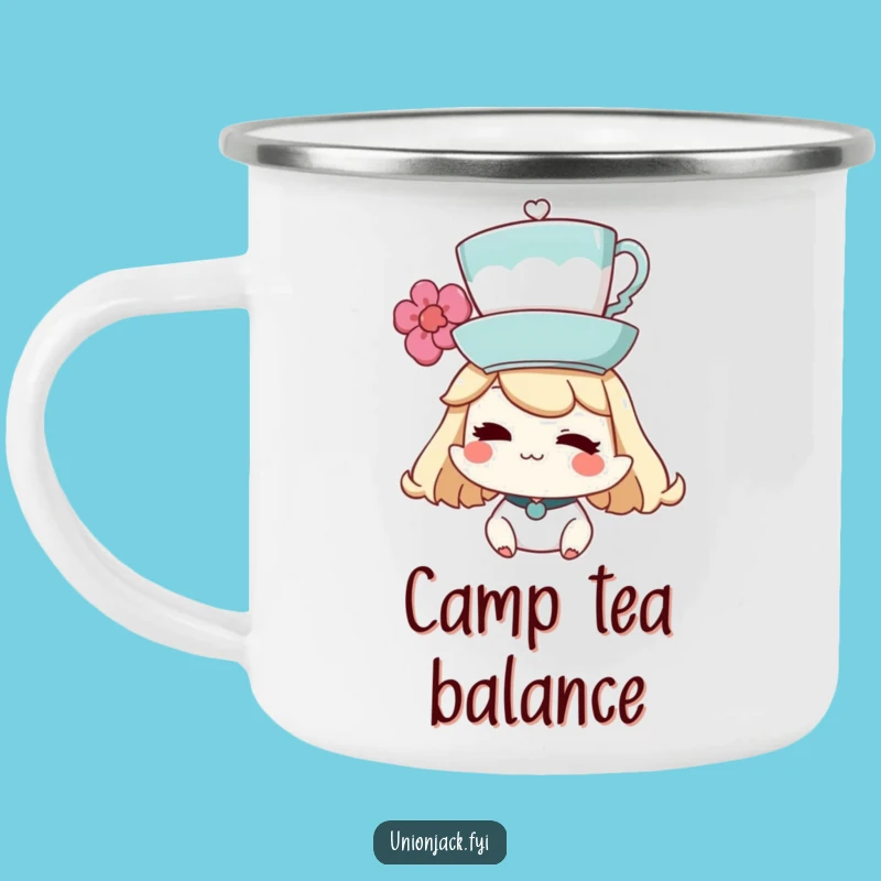 Funny Teacup Camping Mug: Character's Balancing Act - Rugged & Whimsical Funny Gift