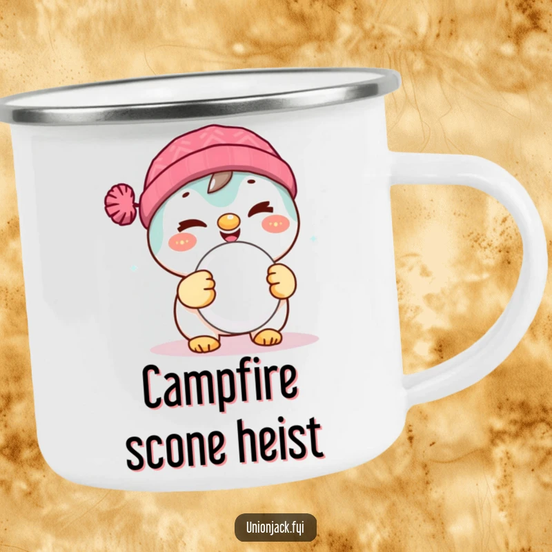 Funny camping mug with a delighted character winking mischievously while holding a scone, great for outdoor enjoyment.
