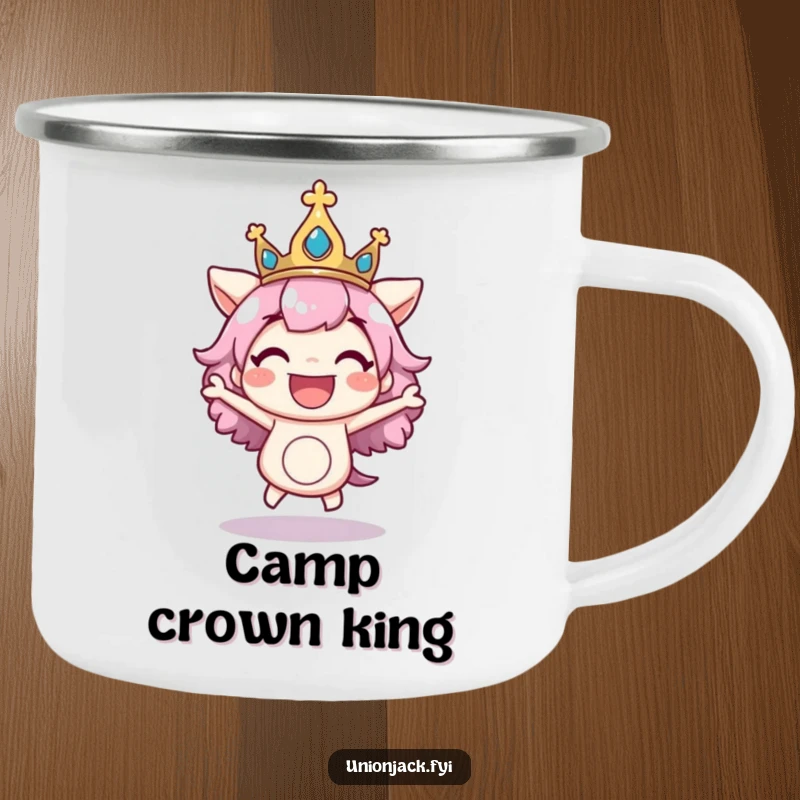 Funny camping mug with a character excitedly bouncing with a regal crown askew, perfect for outdoor enjoyment with a dose of playful royalty.