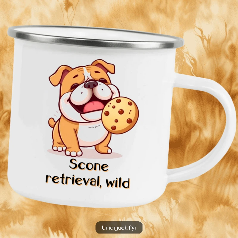 Funny bulldog camping mug with a cheerful character comically playing fetch with a bouncing scone, for rugged humor.