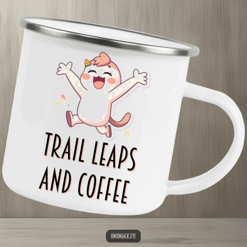 Funny camping mug with a character in a dynamic, playful leap, arms spread wide, ready for outdoor adventures and morning coffee.