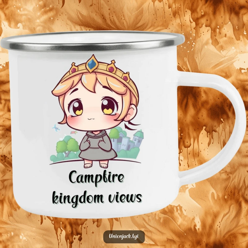 Funny camping mug with a character having wide eyes looking at a distant castle, designed for inspiring outdoor adventures.