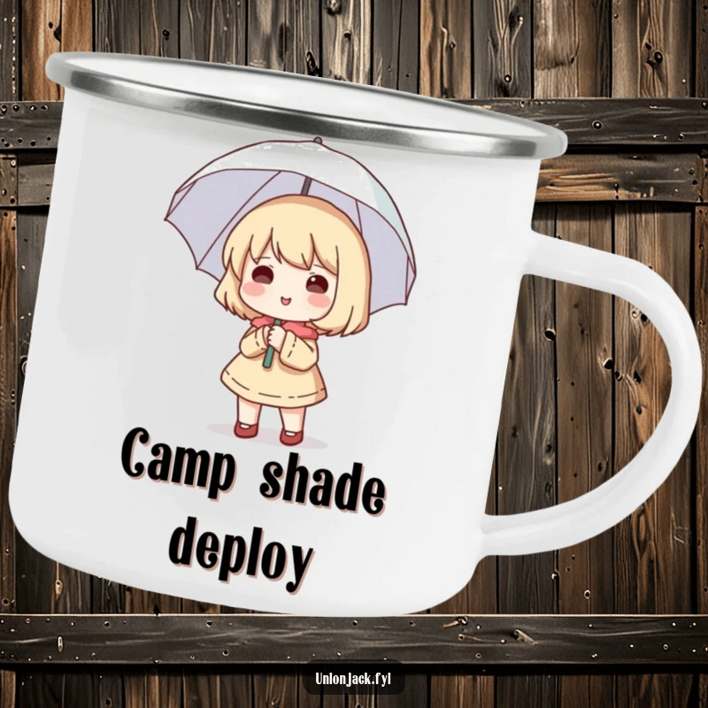 Funny camping mug with a cute character happily holding a small umbrella open, despite no rain, perfect for outdoor fun.