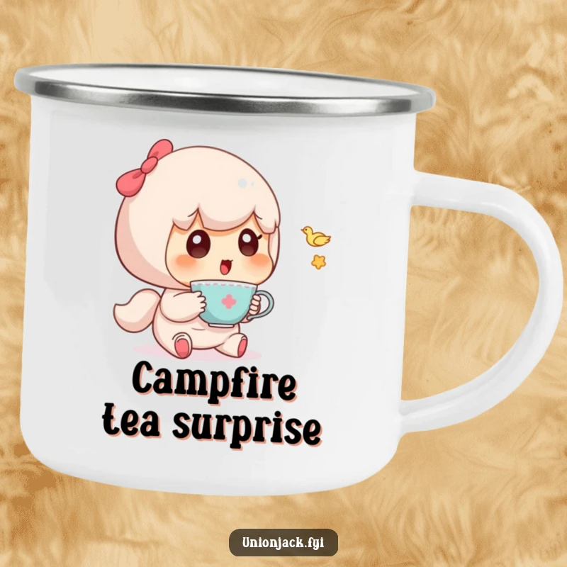 Funny camping mug with a cute character surprised by a tiny, flying teacup, perfect for outdoor fun.